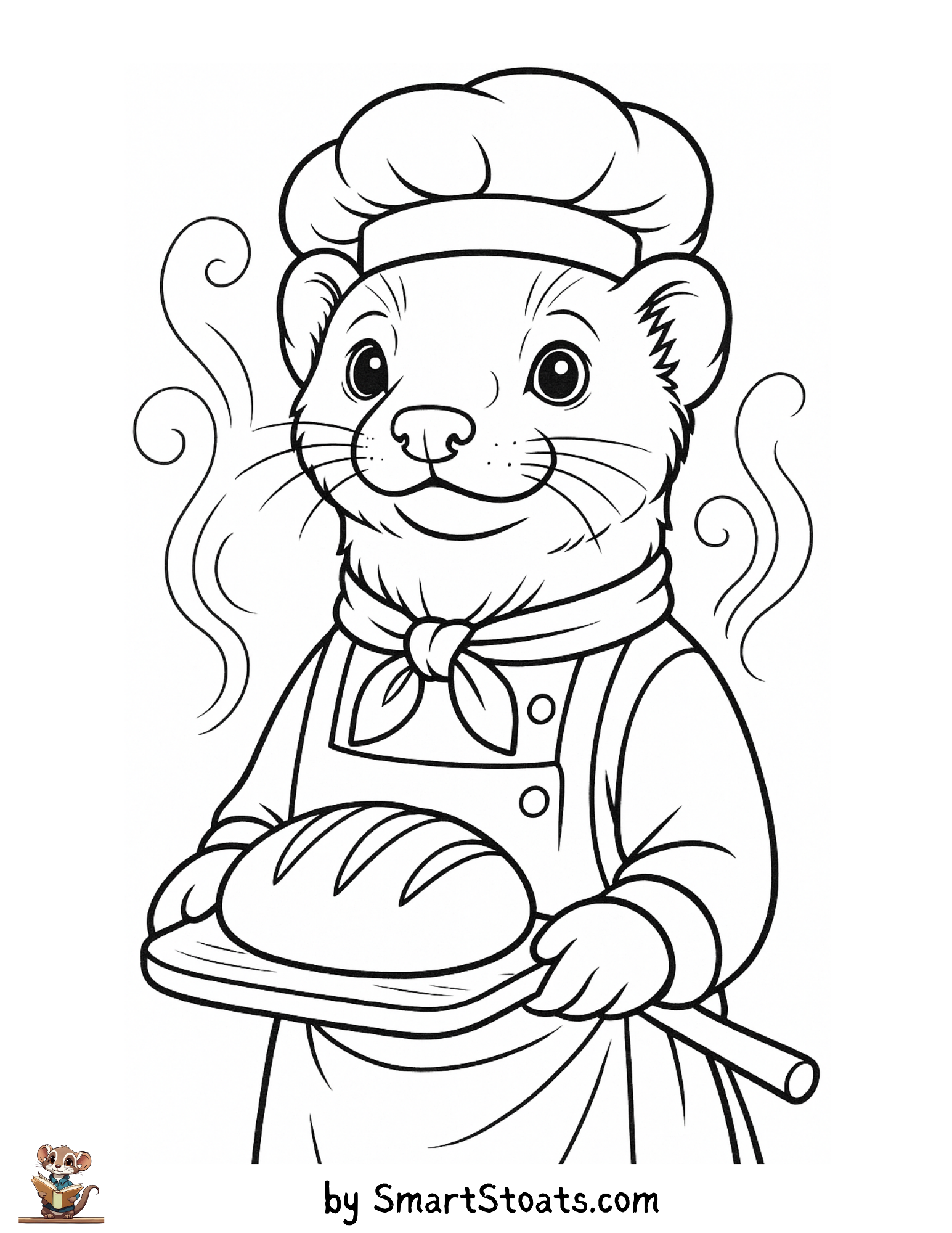 Baking coloring page showing a stoat or ferret looking like a baker with bread, designed as a printable sheet.