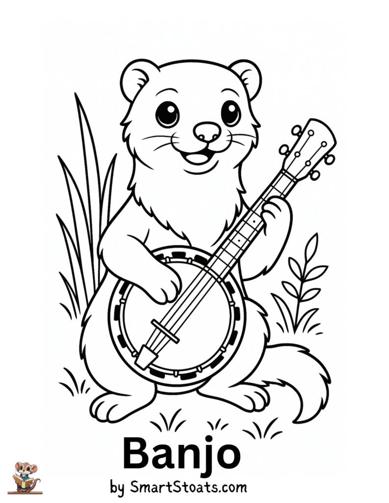 Banjo coloring page showing a cute Stoat playing the banjo, designed as a printable educational activity for kids.