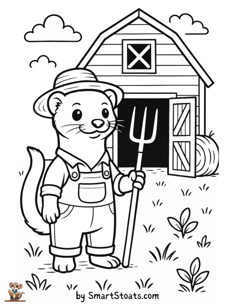 Barn coloring page with a farmer stoat or ferret, designed as a printable sheet for preschool and kindergarten kids.