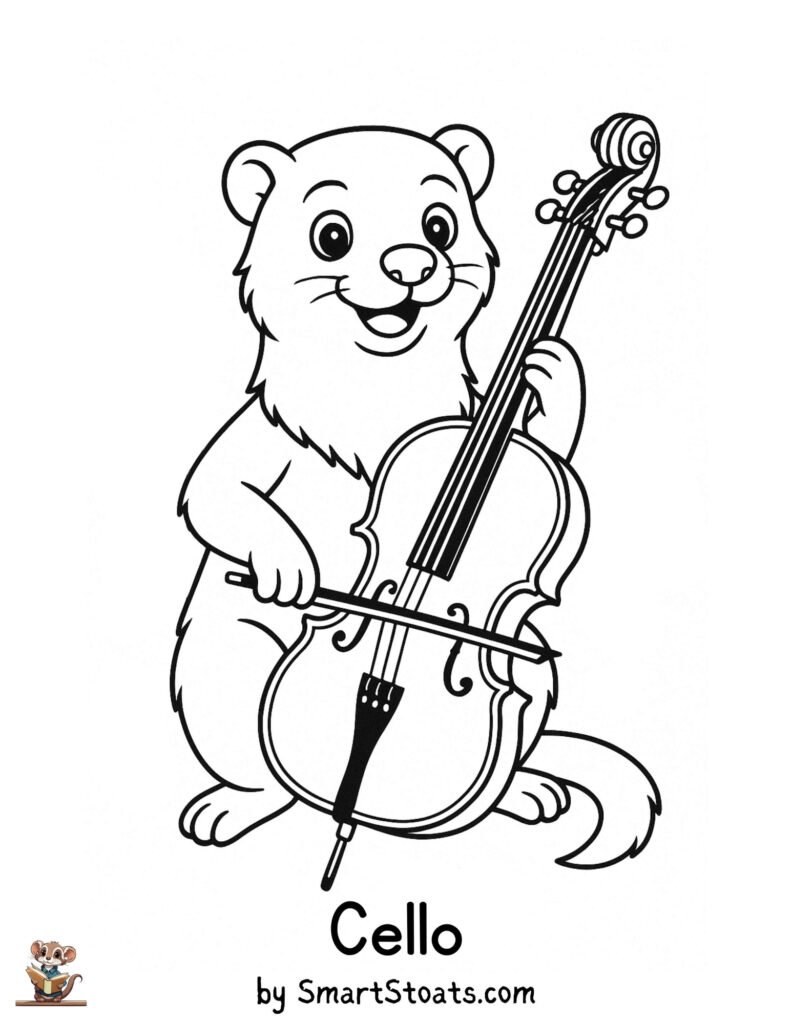 Cello coloring page showing a cute Stoat playing the cello, designed as a printable educational activity for kids.