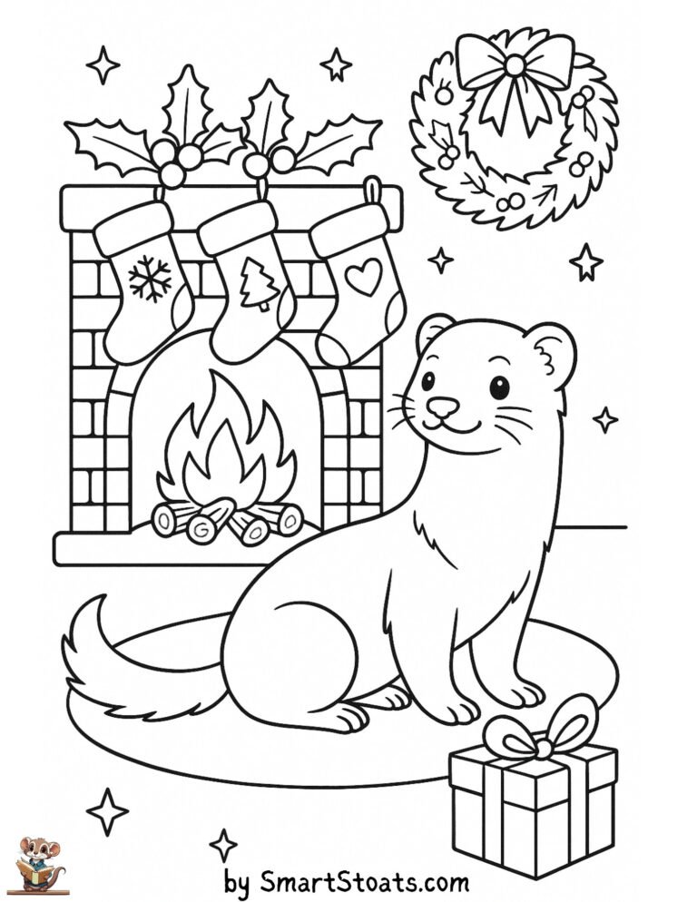 Free printable Christmas Chimney coloring page with a cute ferret – fun holiday activity for kids and ferret lovers.