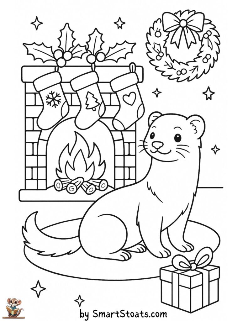 Free printable Christmas Chimney coloring page with a cute ferret – fun holiday activity for kids and ferret lovers.
