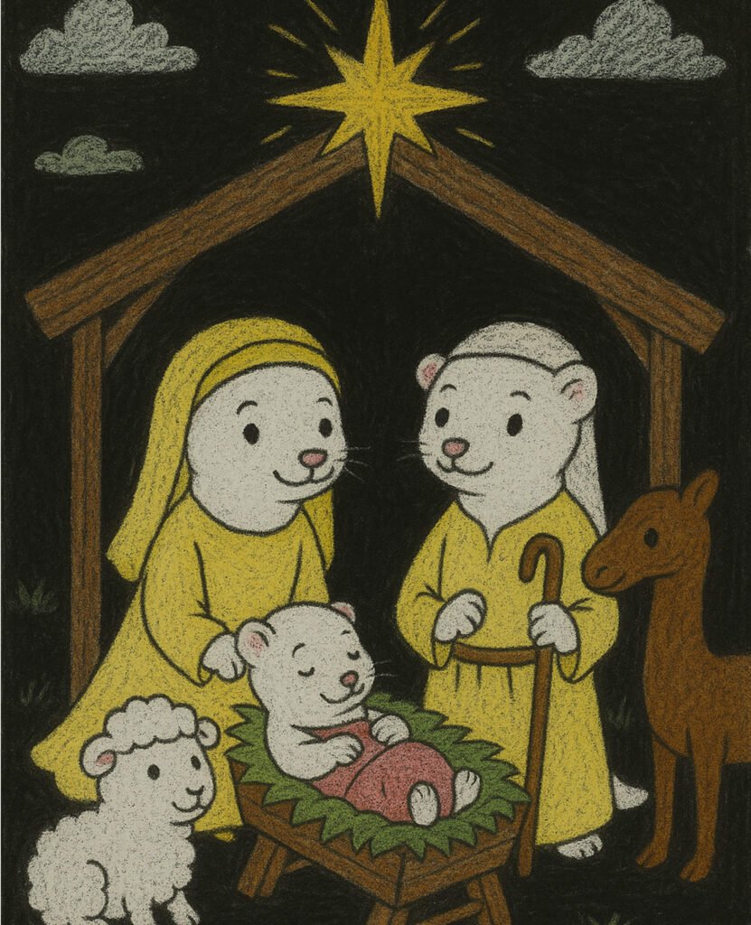 Christmas coloring page showing a nativity scene with ferrets instead of humans, designed as a printable sheet for children.