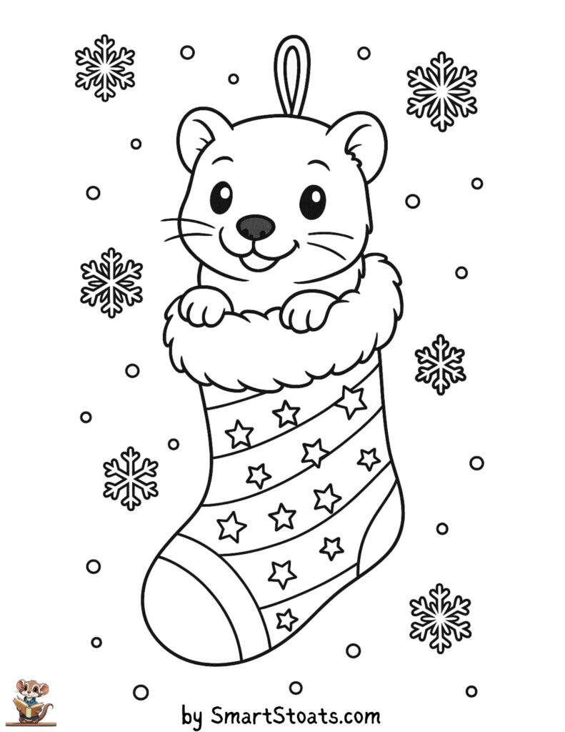 Free printable Christmas stockings coloring page featuring a cute stoat peeking from a stocking with snowflakes in the background – perfect for kids and ferret lovers.