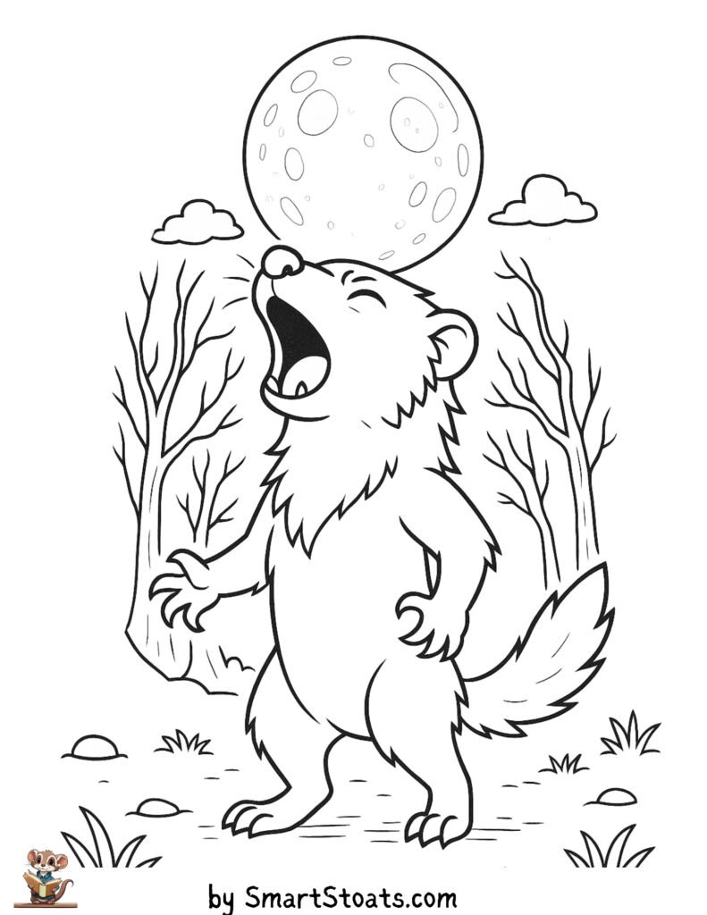 Werewolf coloring page showing a cute ferret werewolf, designed as a printable sheet for kids.