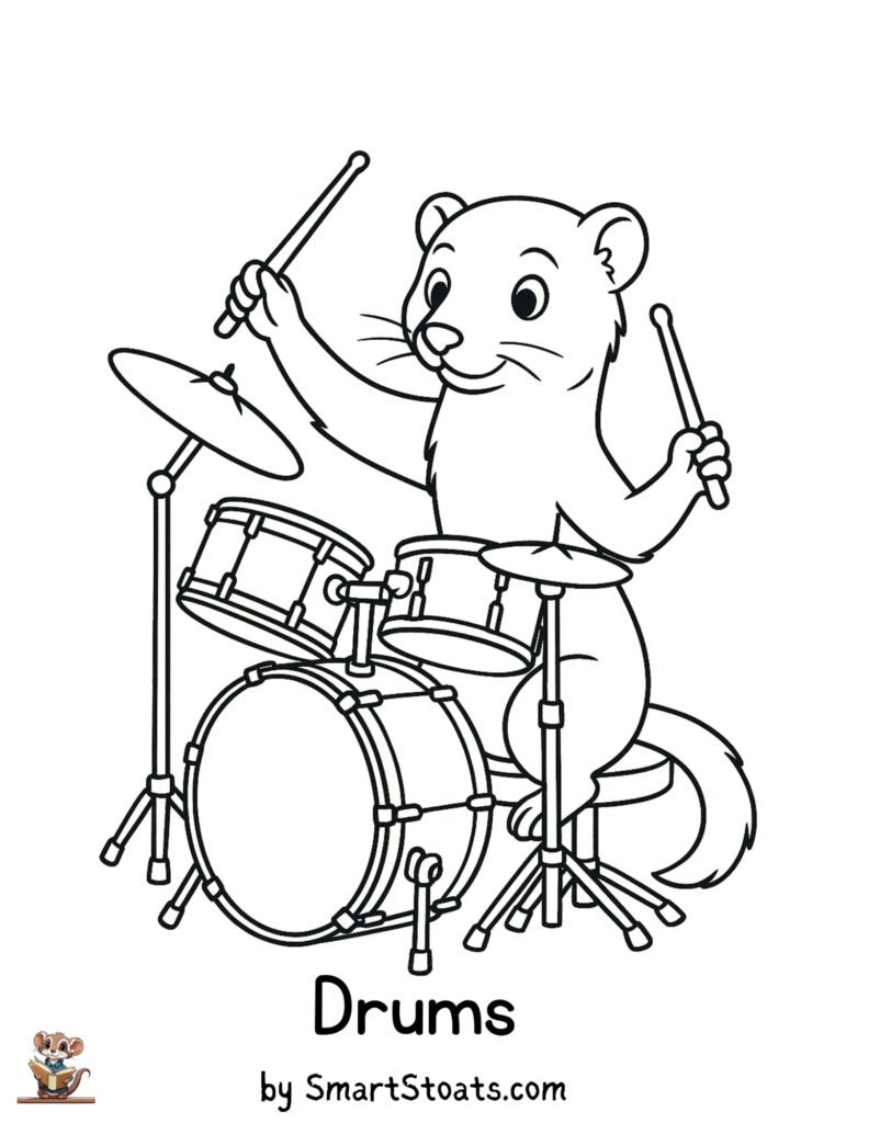 Drums coloring page showing a cute Stoat playing drums, designed as a printable educational activity for kids.