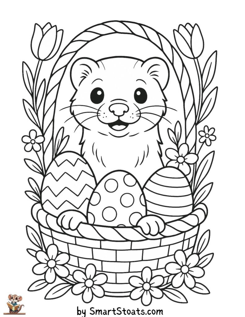 A printable Easter basket coloring page for kids, featuring a stoat or ferret inside the basked.