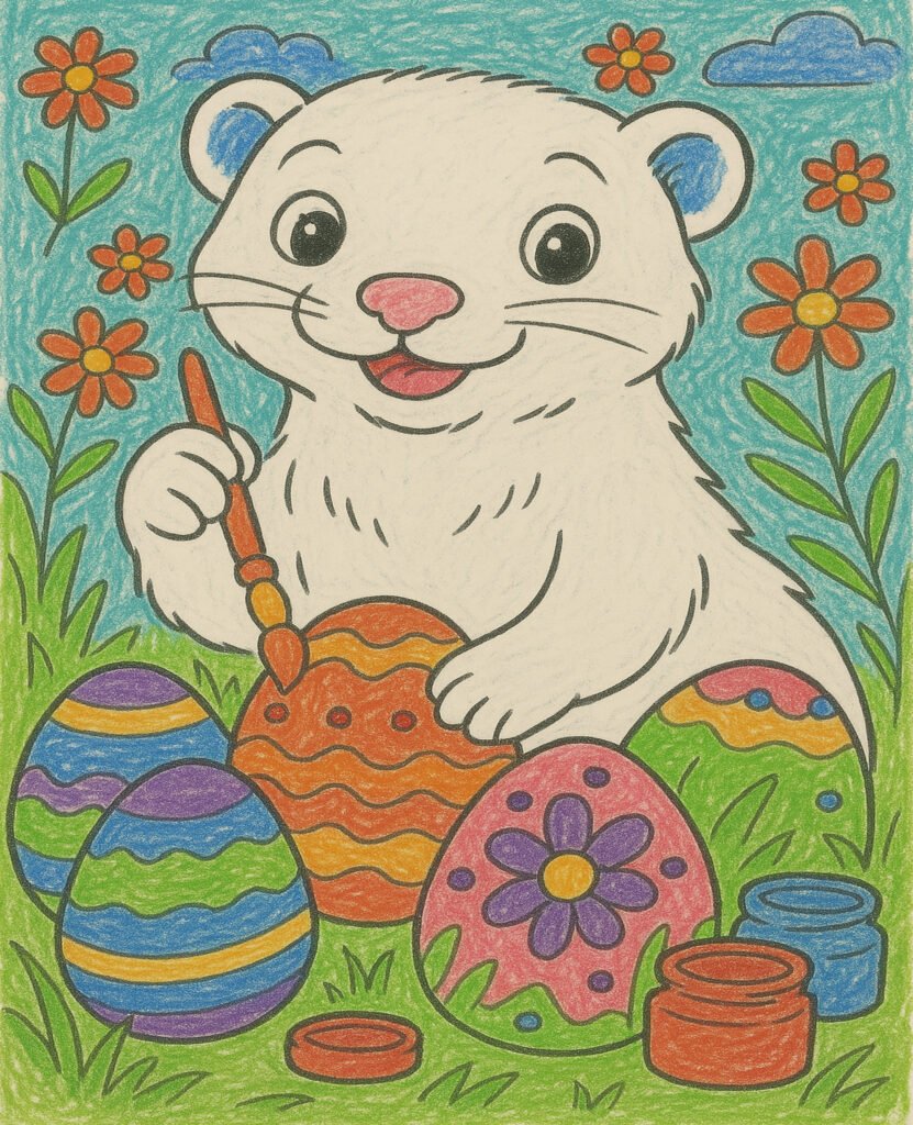 Childrens easter coloring page showing a white ferret coloring easter eggs on a warm spring day