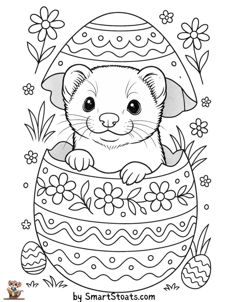 A printable Easter egg coloring sheet for kids, featuring a stoat or ferret inside a decorated egg.