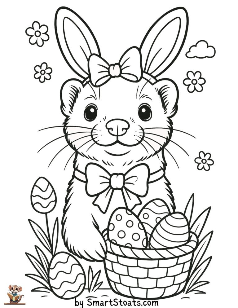 easter rabbit coloring page with a ferret instead of the easter rabbit during a beautiful spring day, designed as a printable PDF for kids.