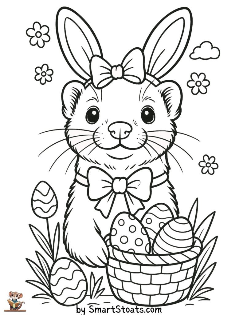 easter rabbit coloring page with a ferret instead of the easter rabbit during a beautiful spring day, designed as a printable PDF for kids.