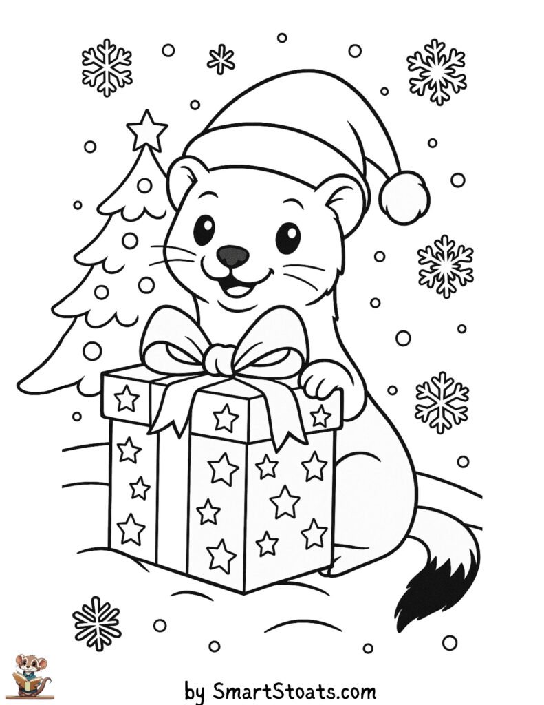 Easy Christmas coloring sheet for kids with a cute stoat wrapping a present, a Christmas tree, and snowflakes – perfect for ferret and animal lovers.