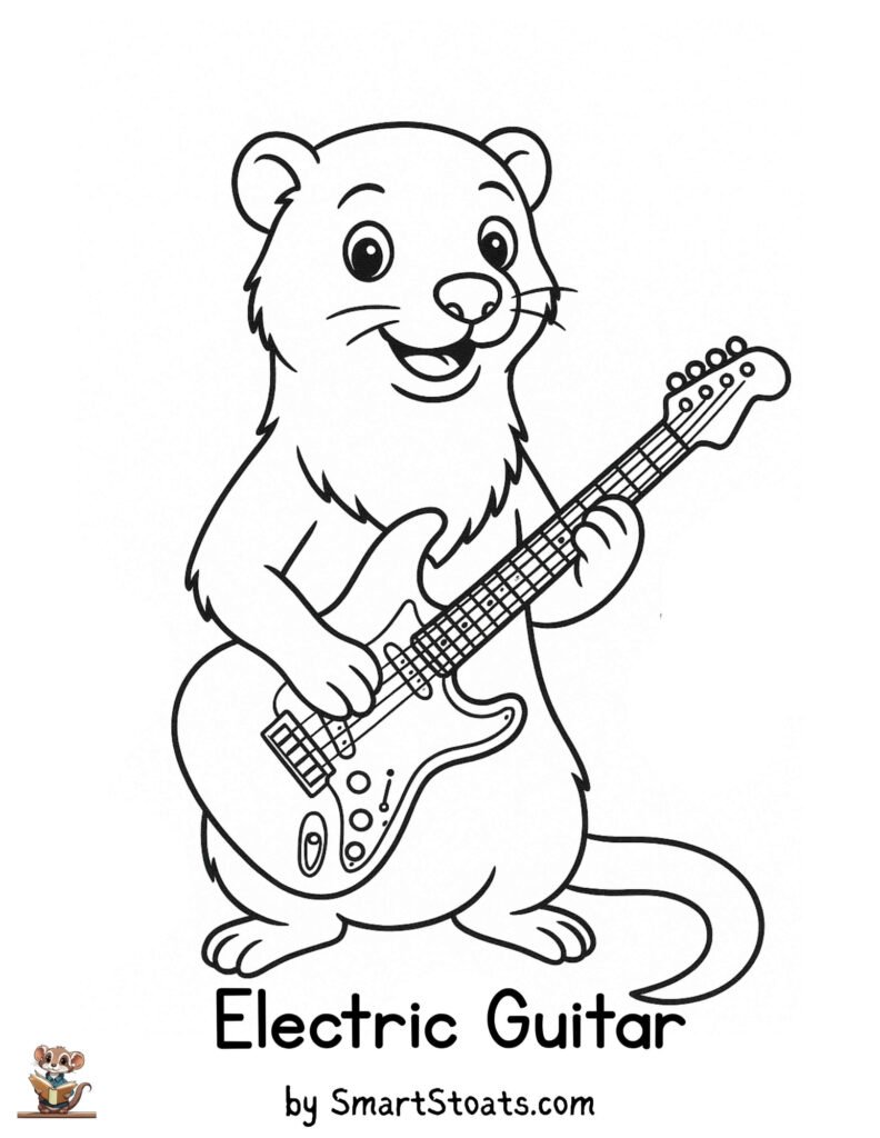 Electric guitar coloring page showing a cute Stoat playing the electric guitar, designed as a printable educational activity for kids.
