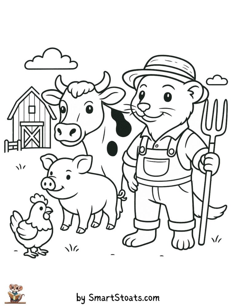 Farm coloring page showing a stoat or ferret looking like a farmer and farm animals, designed as a printable sheet for preschool and older kids.
