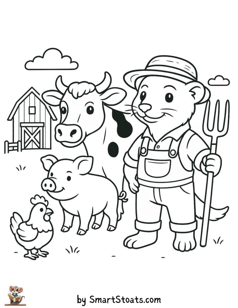 Farm coloring page showing a stoat or ferret looking like a farmer and farm animals, designed as a printable sheet for preschool and older kids.