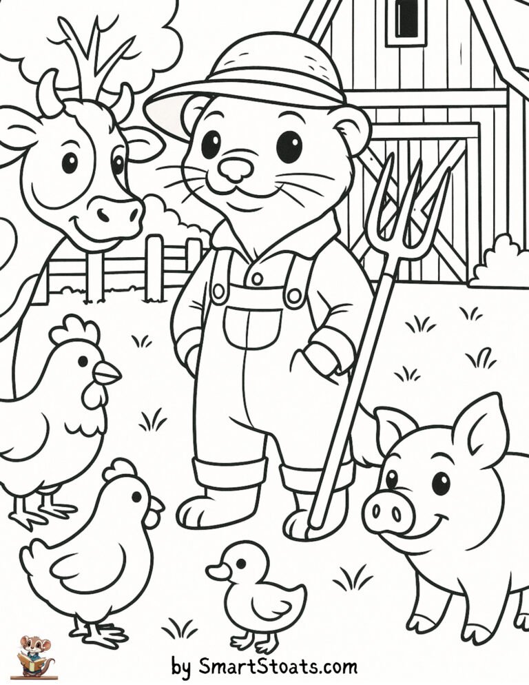 Farm Animals coloring page showing a stoat or ferret looking like a farmer with surrounded by farm animals, designed as a printable sheet for kids.