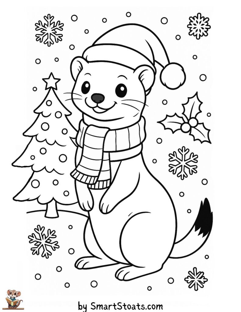 Download our free printable Christmas ferret coloring page for kids! Features a cute ferret in a Santa hat, a tree & snowflakes. From Smart Stoats – print & enjoy!