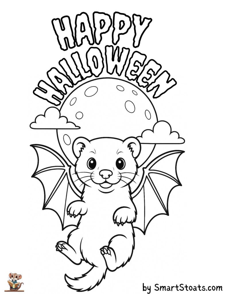 Ferret halloween coloring page showing a cute ferret with wings like a bat and the phrase "Happy Halloween", designed as a printable sheet for kids.