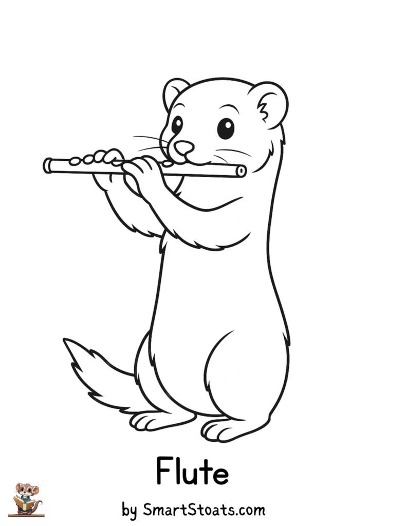 Flute coloring page showing a cute Stoat playing the flute, designed as a printable educational activity for kids.