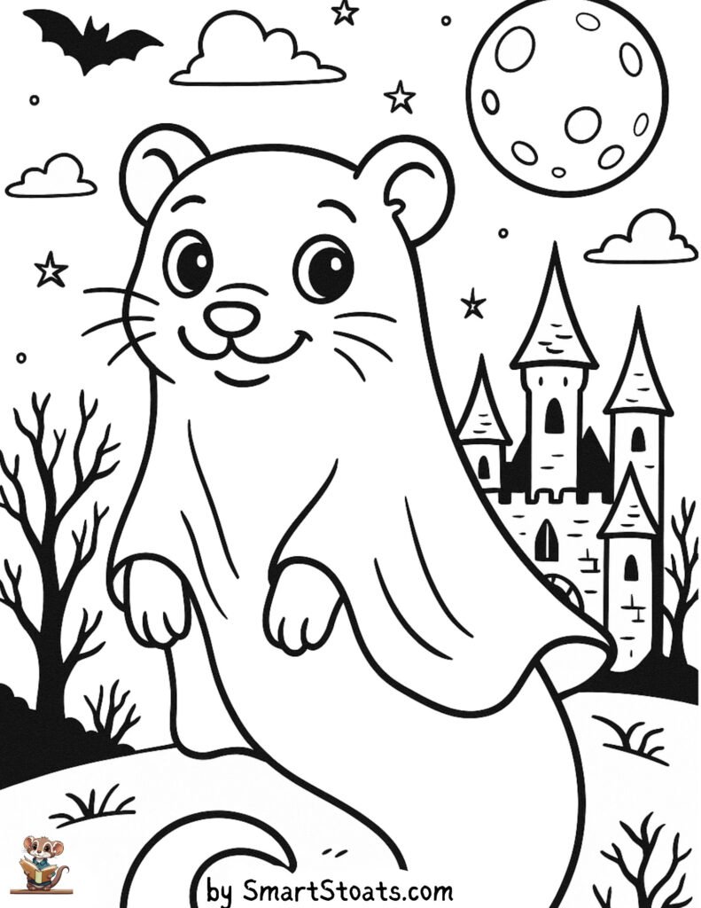 Ghost coloring page showing a ferret ghost, designed as a printable PDF for halloween.