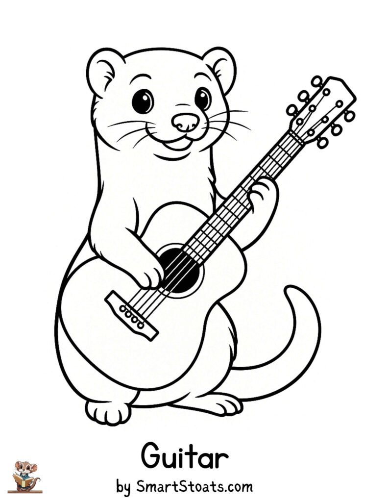 Guitar coloring page showing a cute Stoat playing the guitar, designed as a printable educational activity for kids.