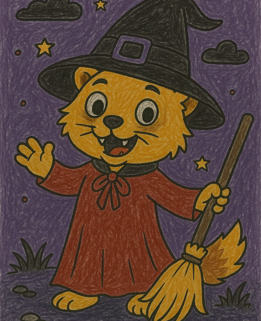 Halloween coloring page showing a stoat or ferret looking like a witch, designed as a printable sheet for children.