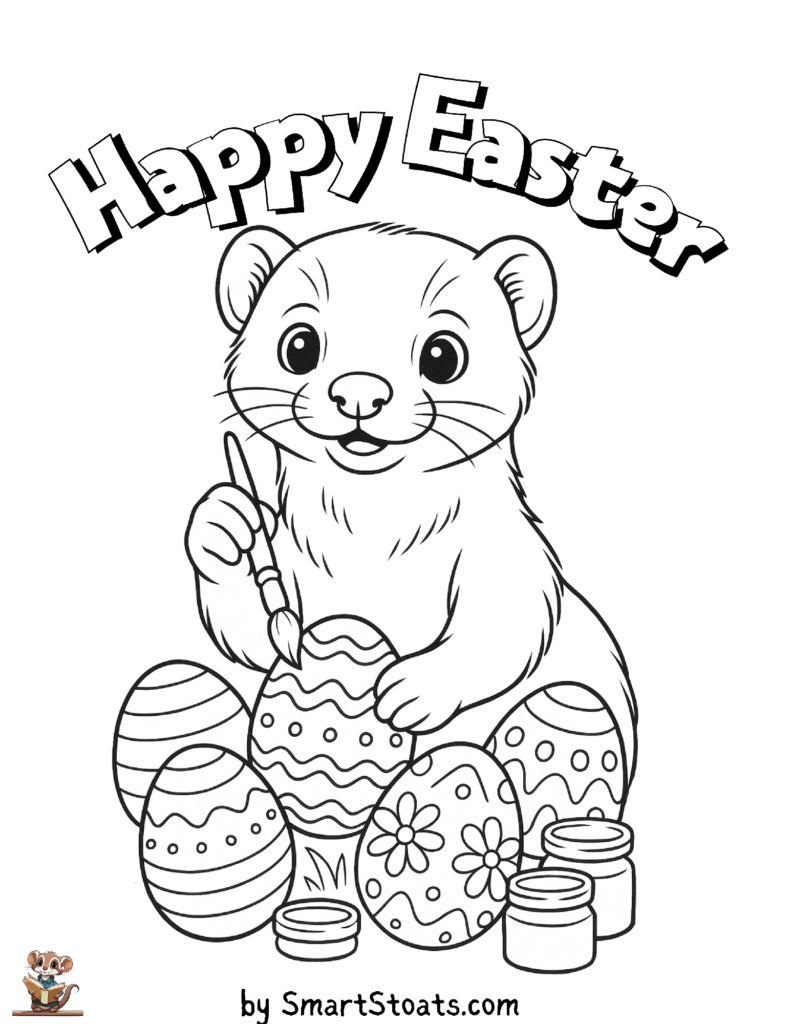 Happy Easter coloring page featuring a stoat or ferret decorating Easter eggs. Available as a downloadable, printable PDF.
