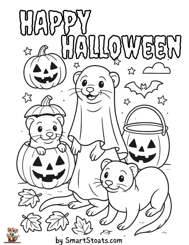 Happy Halloween coloring page showing a stoats and ferrets dressed up for halloween, designed as a printable sheet.