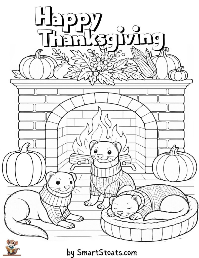 Happy thanksgiving coloring page with ferrets.