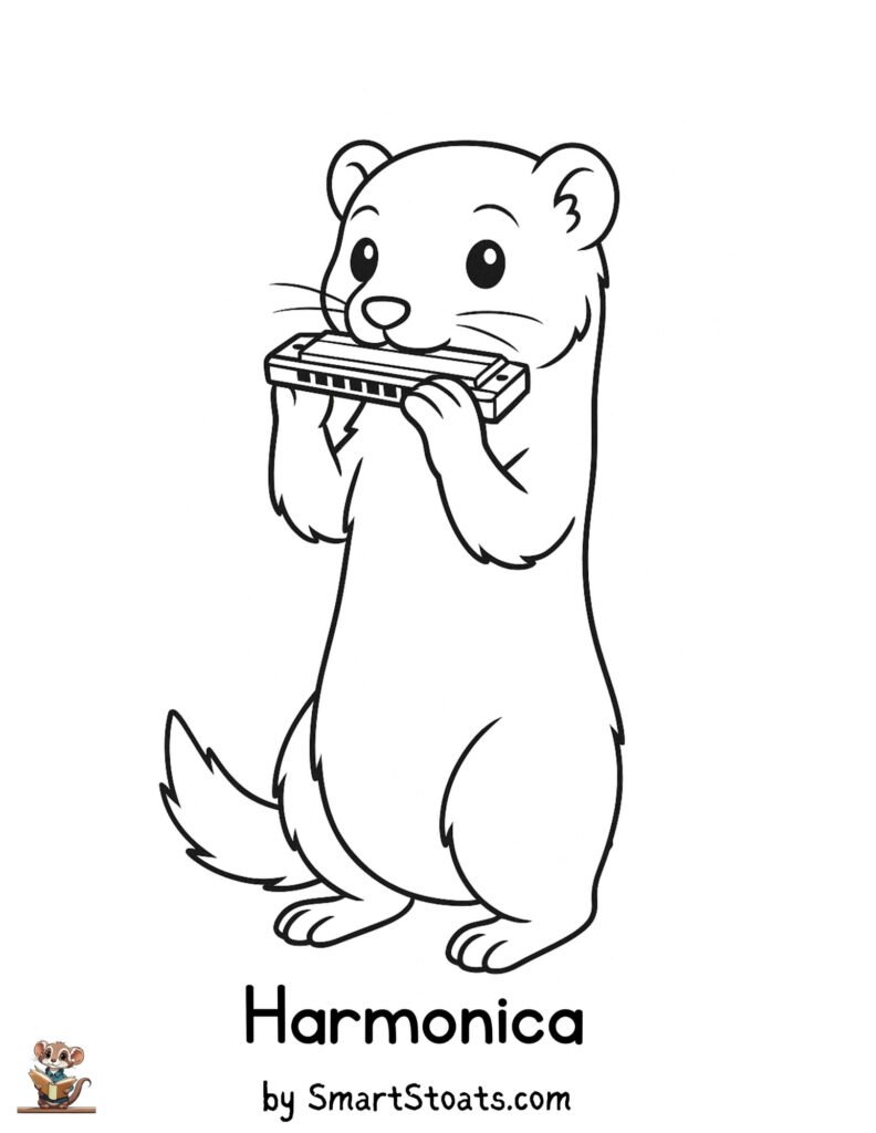 Harmonica coloring page showing a cute Stoat playing the harmonica, designed as a printable educational activity for kids.
