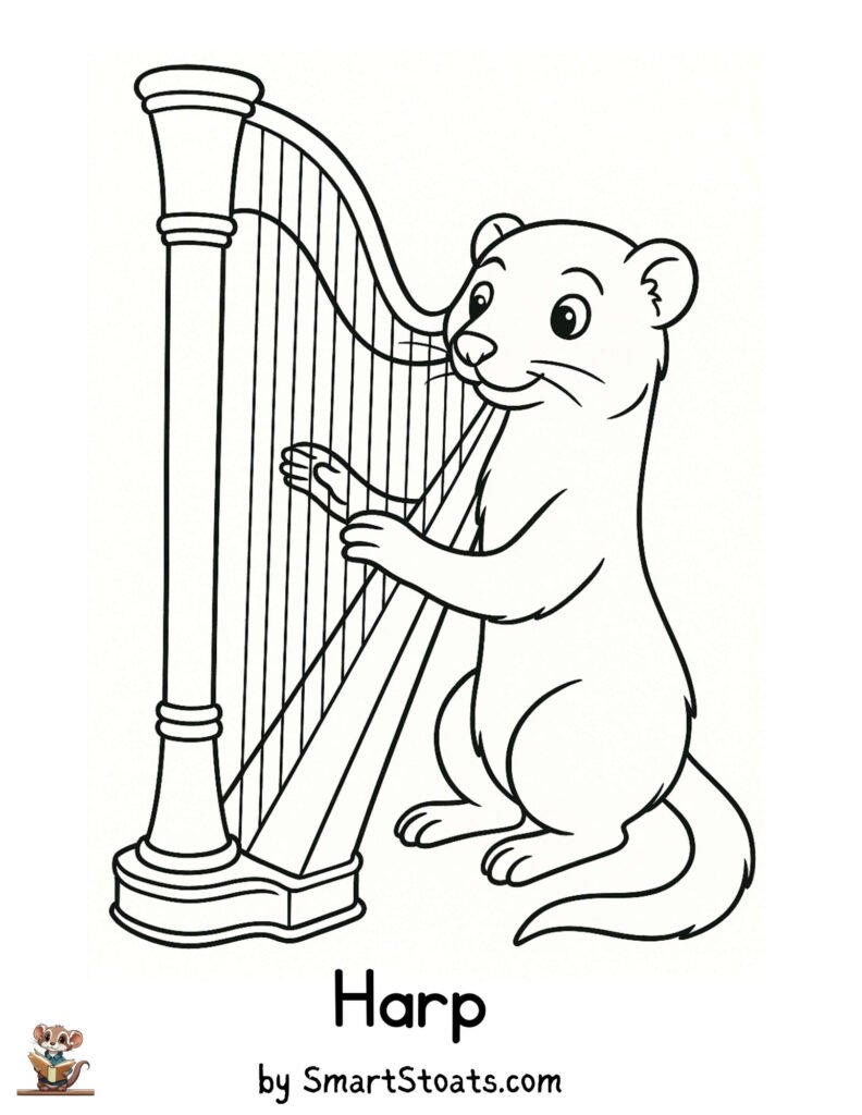 Harp coloring page showing a cute Stoat playing the harp, designed as a printable educational activity for kids.