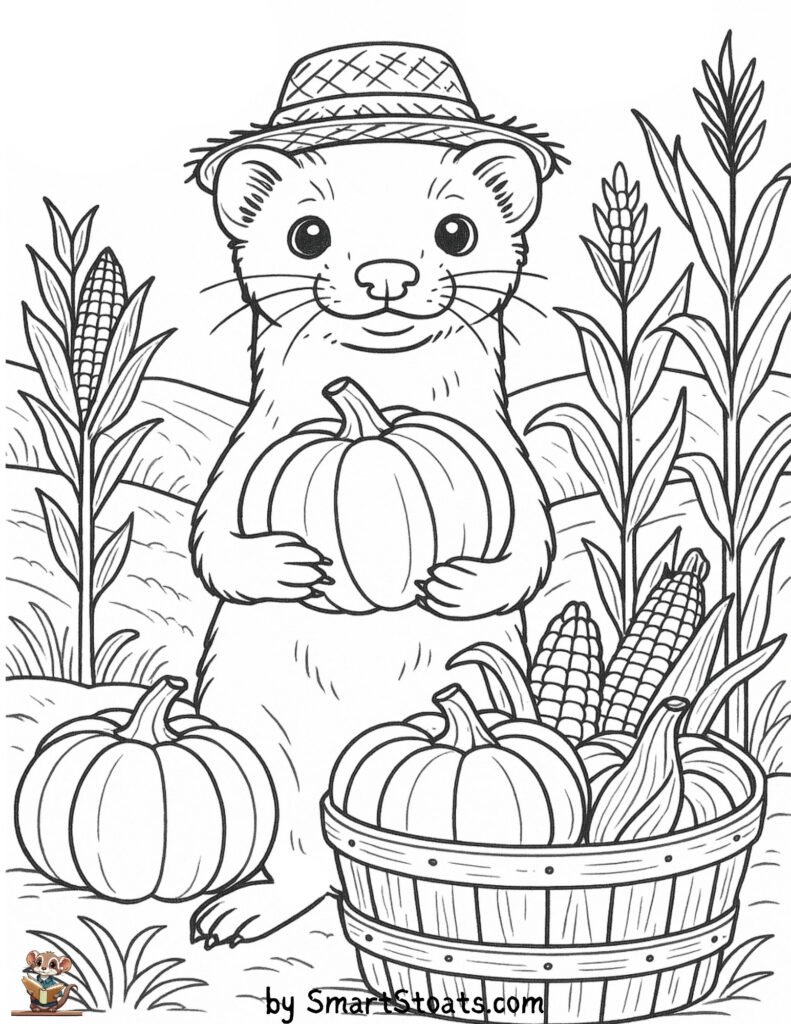 Harvest coloring page for thanksgiving featuring a ferret as farmer.