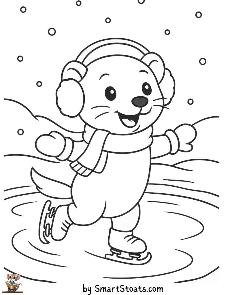 Free printable ice skating stoat coloring page – cute winter animal for kids, ferret lovers, and fans of stoats, weasels, and otters.
