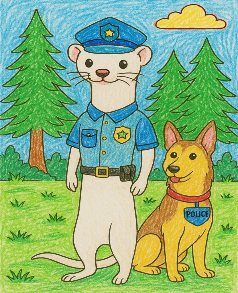 jobs coloring pages featuring a cute stoat or ferret looking like a police officer with its police dog in the forest.