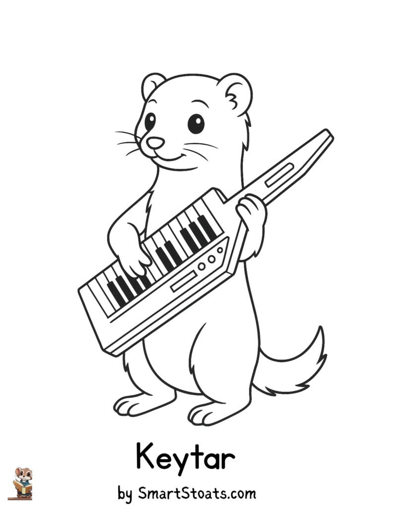 Keytar coloring page showing a cute Stoat playing the keytar, designed as a printable educational activity for kids.