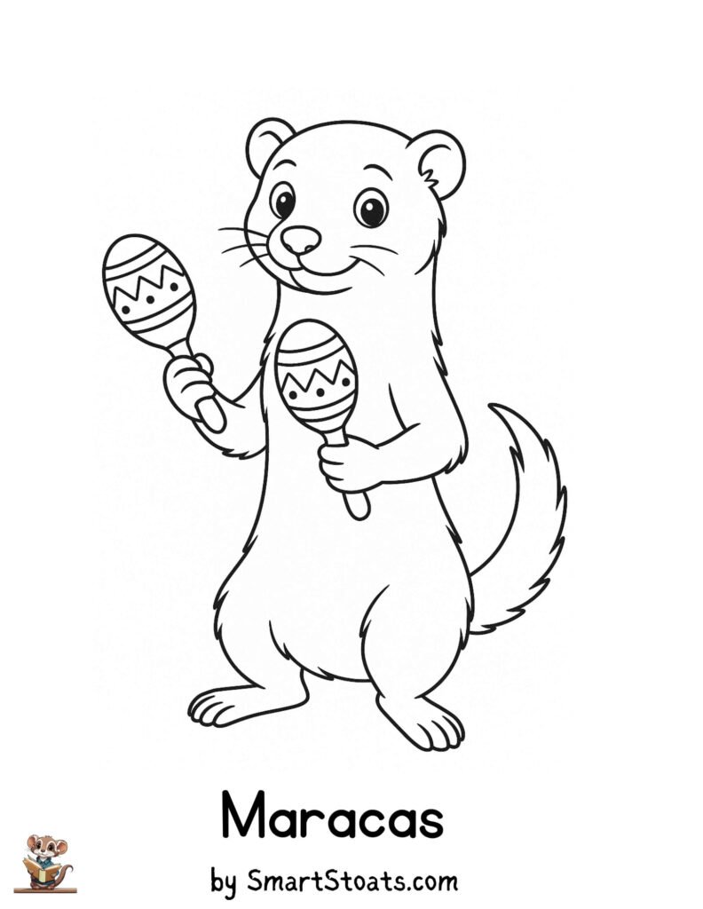 Maracas coloring page showing a cute Stoat playing maracas, designed as a printable educational activity for kids.