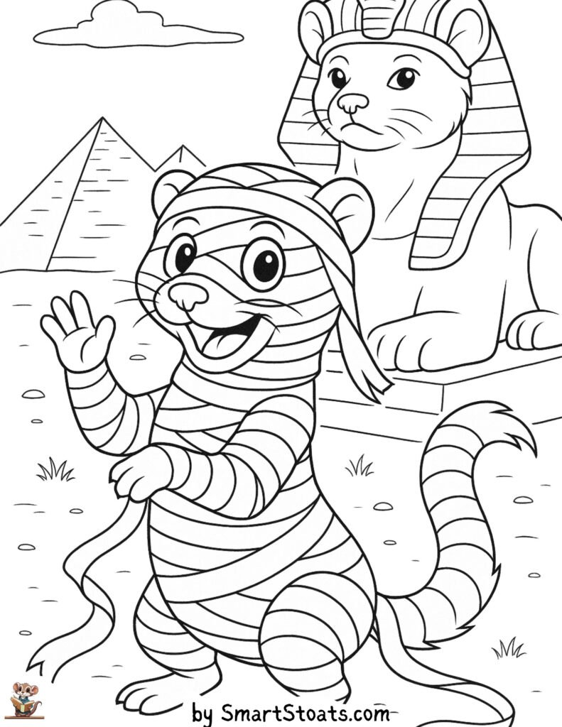 Mummy coloring page showing a stoat or ferret looking like a mummy, designed as a printable sheet for preschool and kindergarten kids.