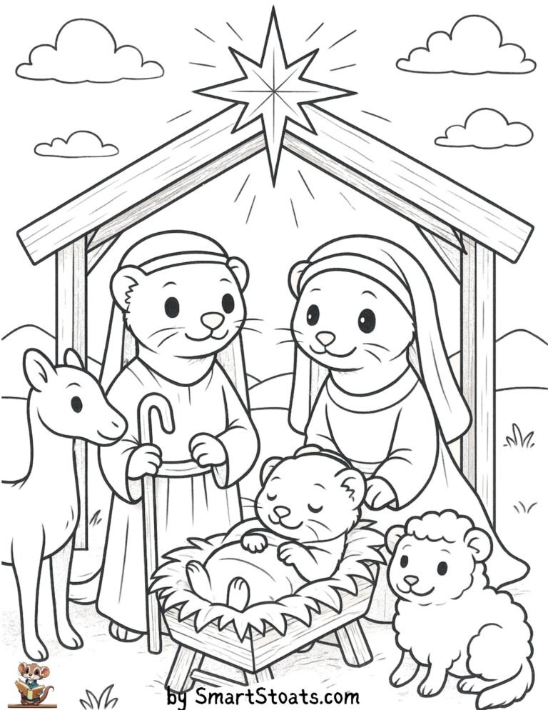 Free printable nativity scene coloring page featuring cute stoats in a festive holiday setting – perfect for kids, ferret lovers, and winter fun.