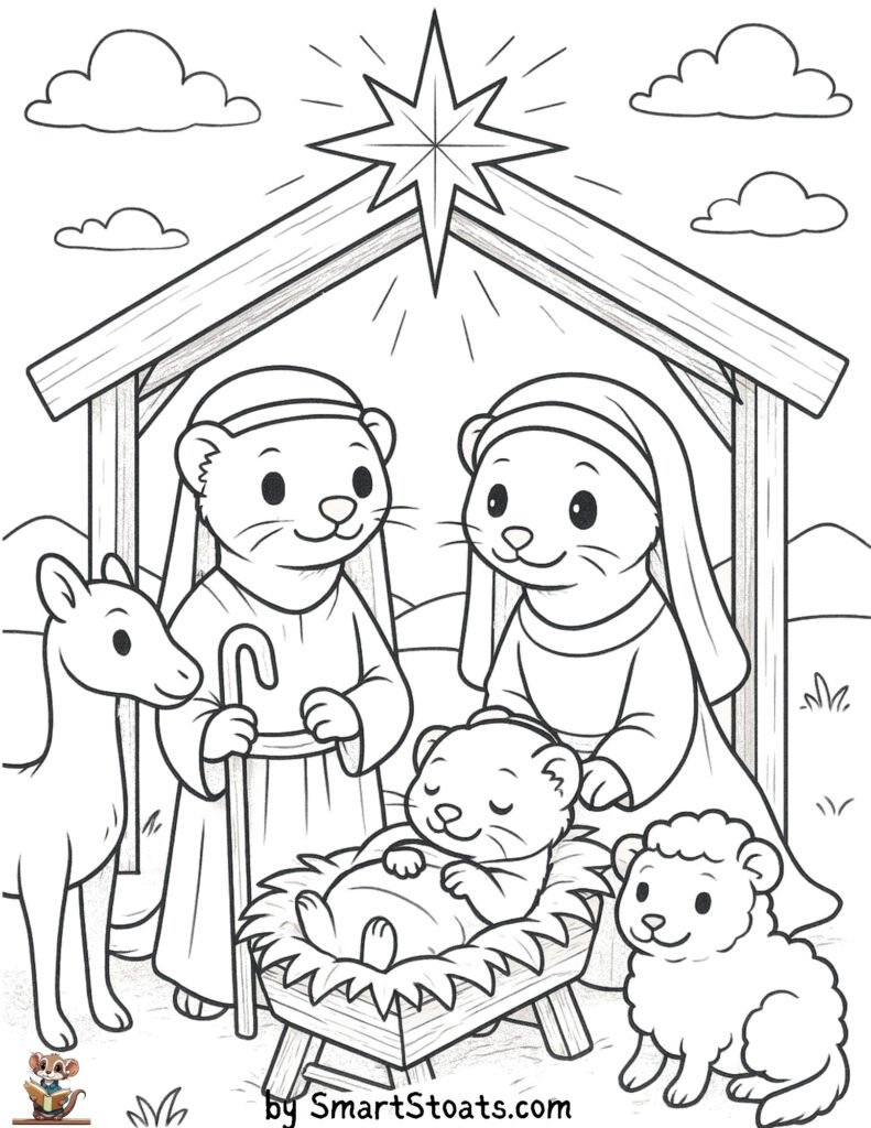 Free printable nativity scene coloring page featuring cute stoats in a festive holiday setting – perfect for kids, ferret lovers, and winter fun.