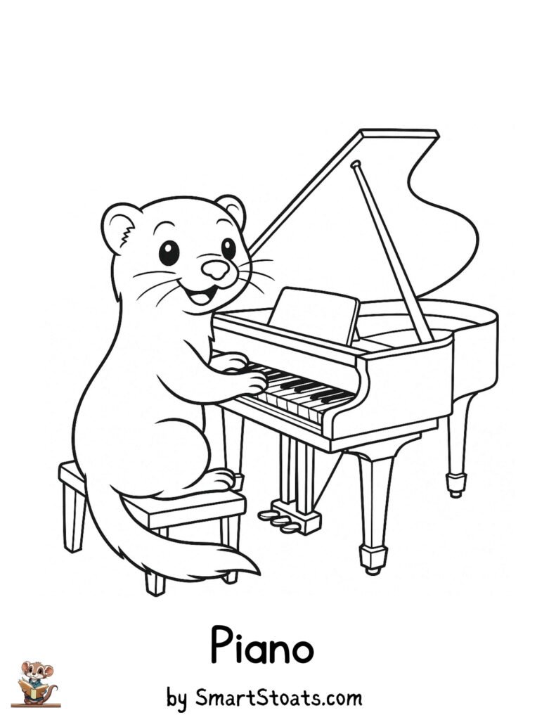 Piano coloring page showing a cute ermine playing the piano, designed as a printable educational activity for kids.