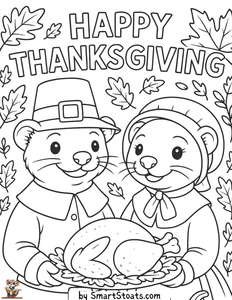 Pilgrims coloring page featuring a stoats or ferrets for thanksgiving. Available as a downloadable, printable PDF.