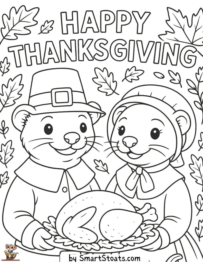 Pilgrims coloring page featuring a stoats or ferrets for thanksgiving. Available as a downloadable, printable PDF.