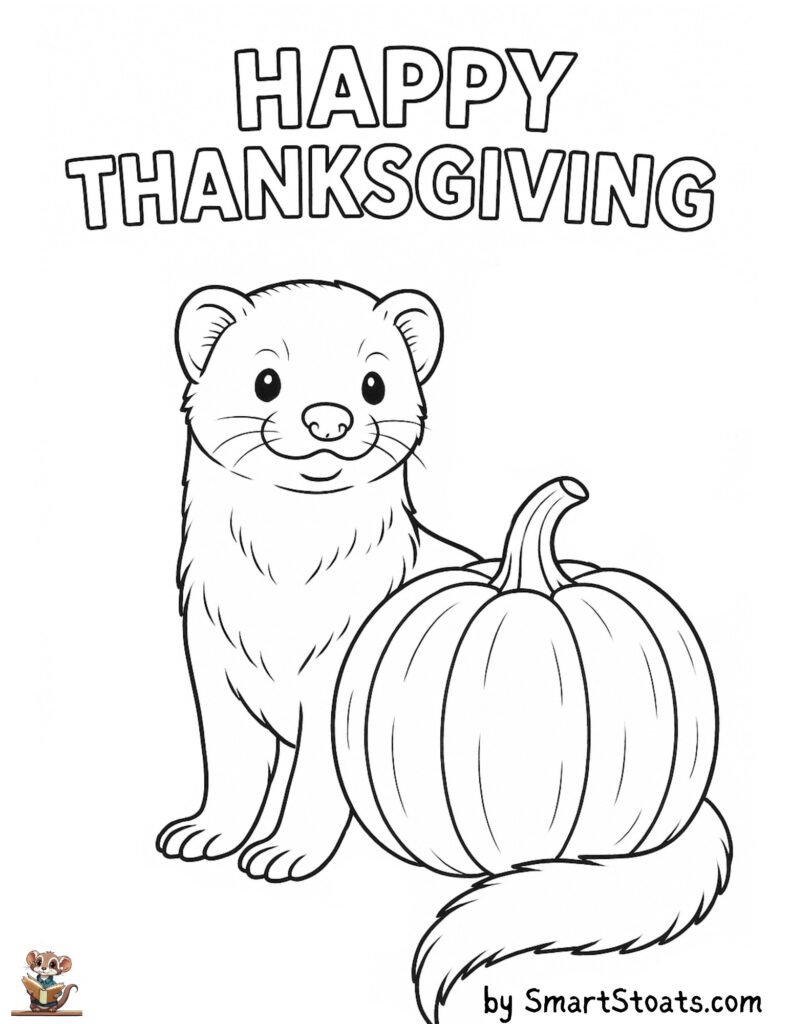 Pumpkin coloring page featuring a stoat or ferret for thanksgiving. Available as a downloadable, printable PDF.