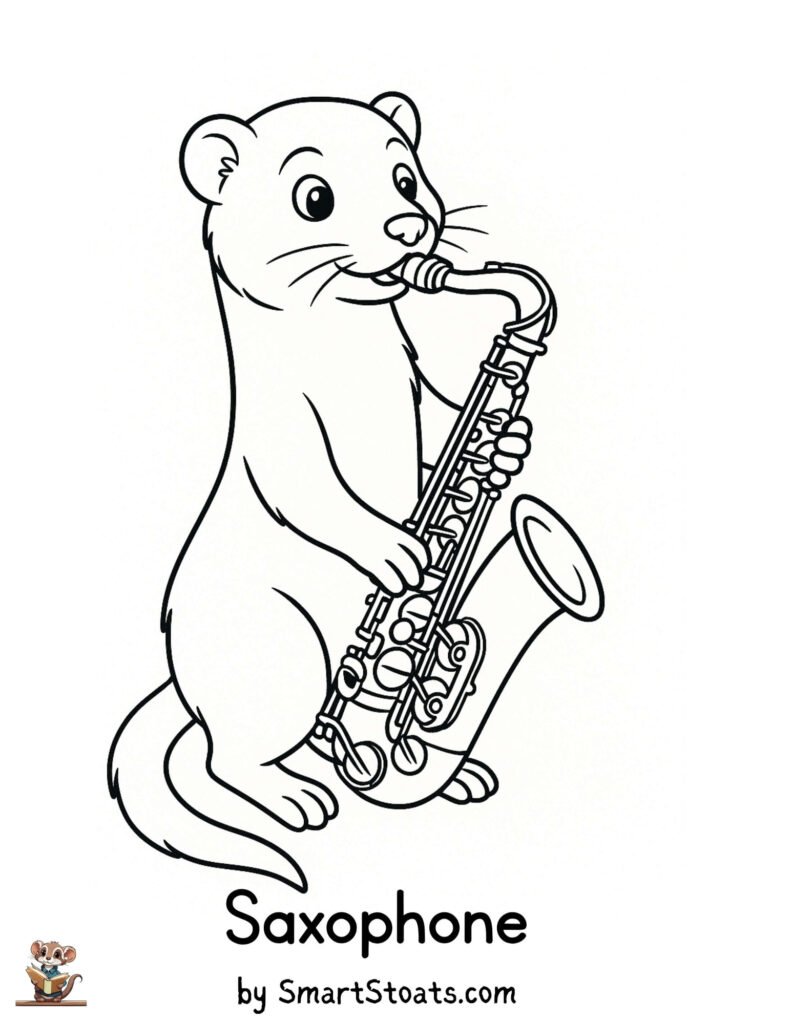 Saxophone coloring page showing a cute ermine playing the saxophone, designed as a printable educational activity for kids.