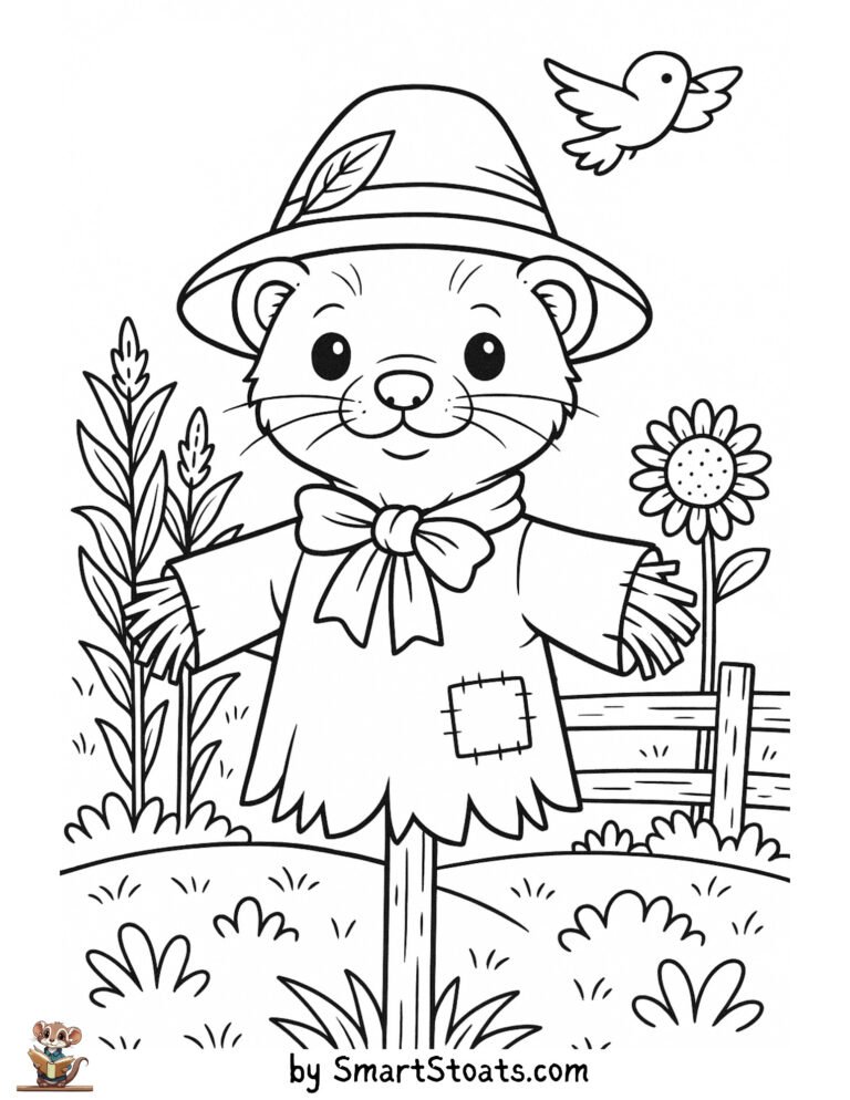 Scarecrow coloring page showing a stoat or ferret looking like a scarecrow, designed as a printable sheet for preschool and older kids.