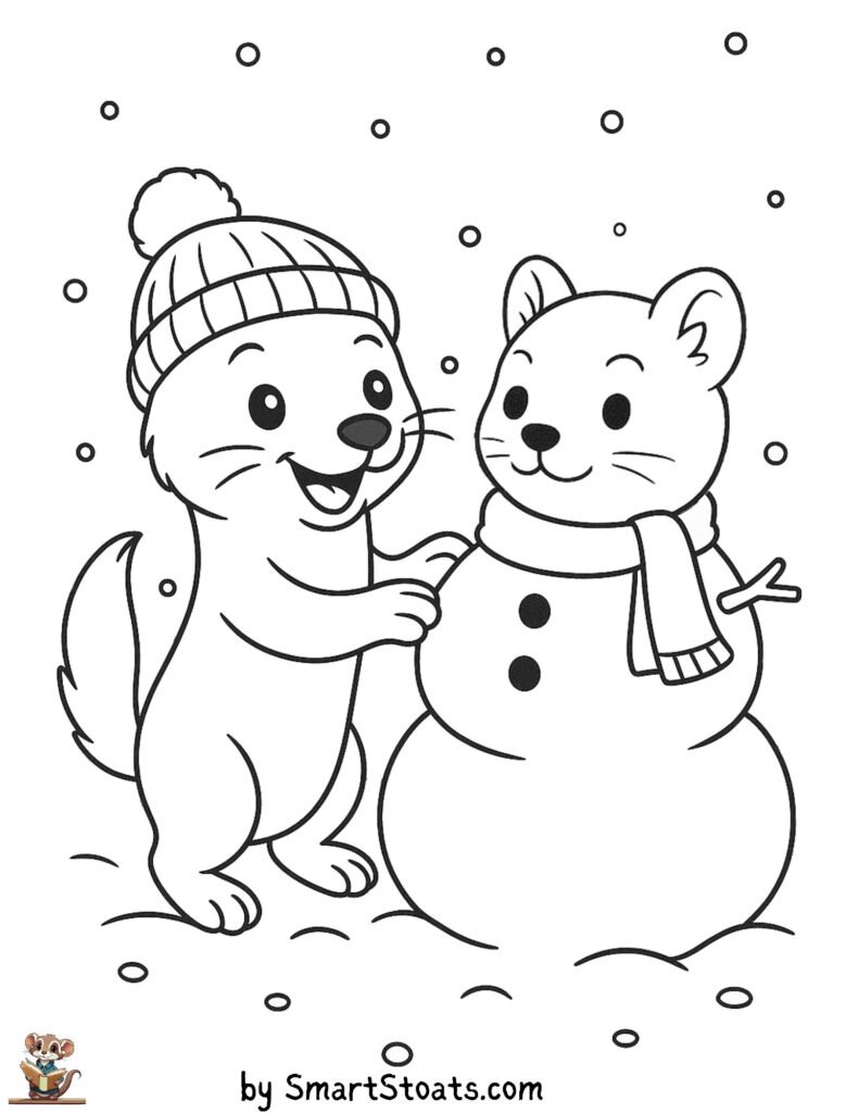 Snowman coloring page showing a stoat or ferret building a snowman, designed as a printable sheet for kids.
