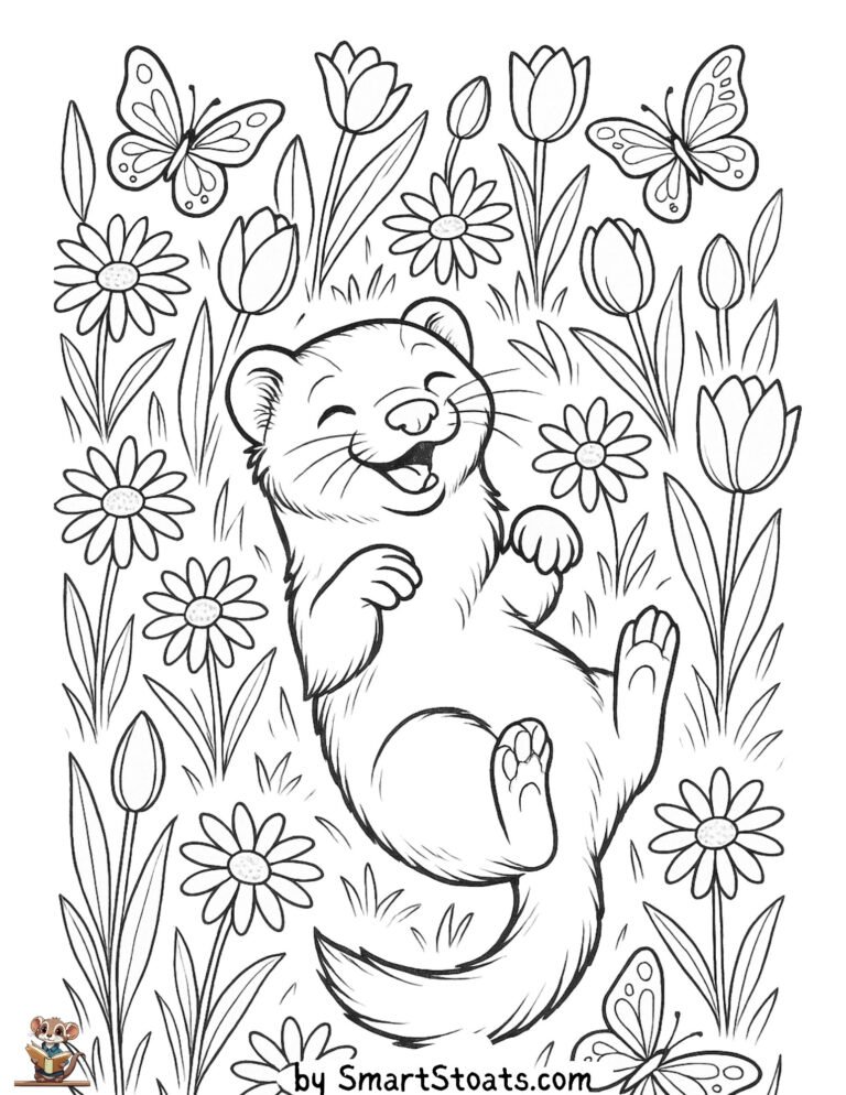 spring coloring page showing a ferret surrounded by flowers during a beautiful spring day, designed as a printable sheet for kids and perfect for easter.