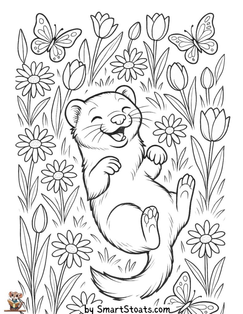 spring coloring page showing a ferret surrounded by flowers during a beautiful spring day, designed as a printable sheet for kids and perfect for easter.