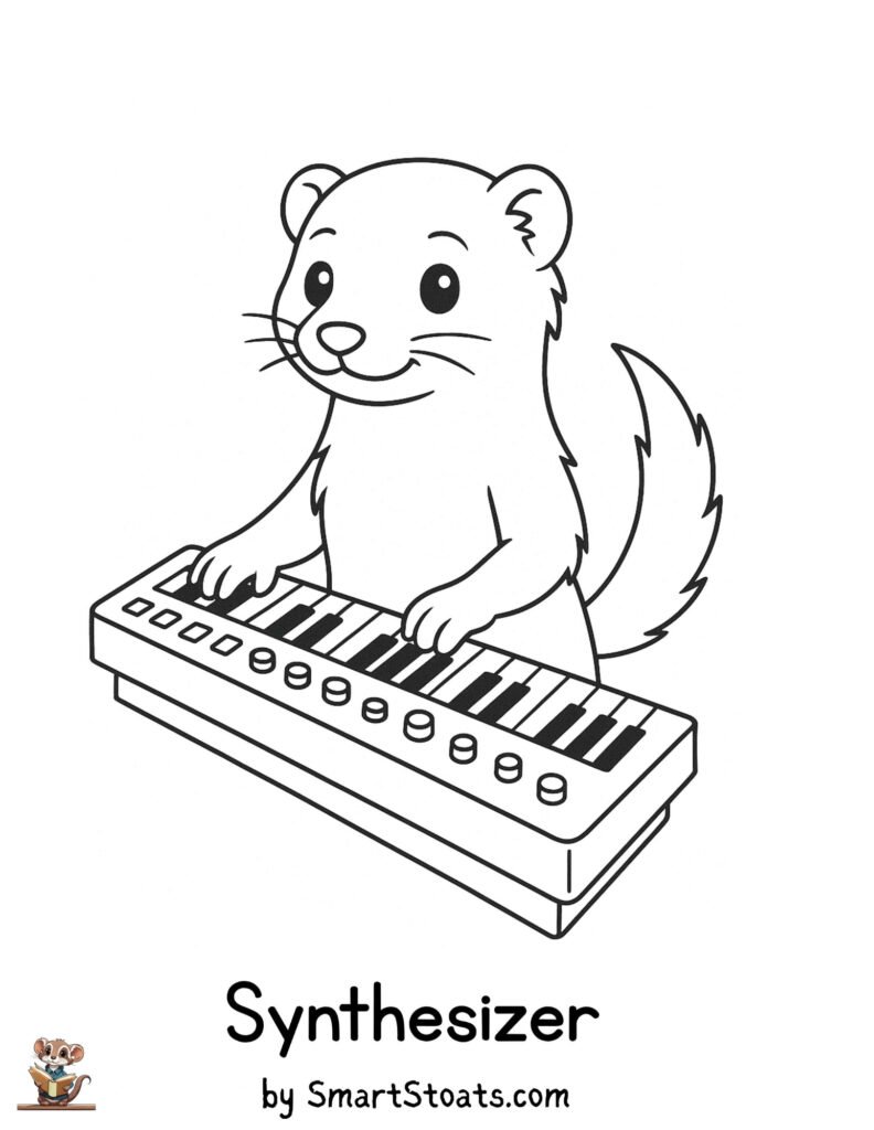 Synthesizer coloring page showing a cute ermine playing the synthesizer, designed as a printable educational activity for kids.
