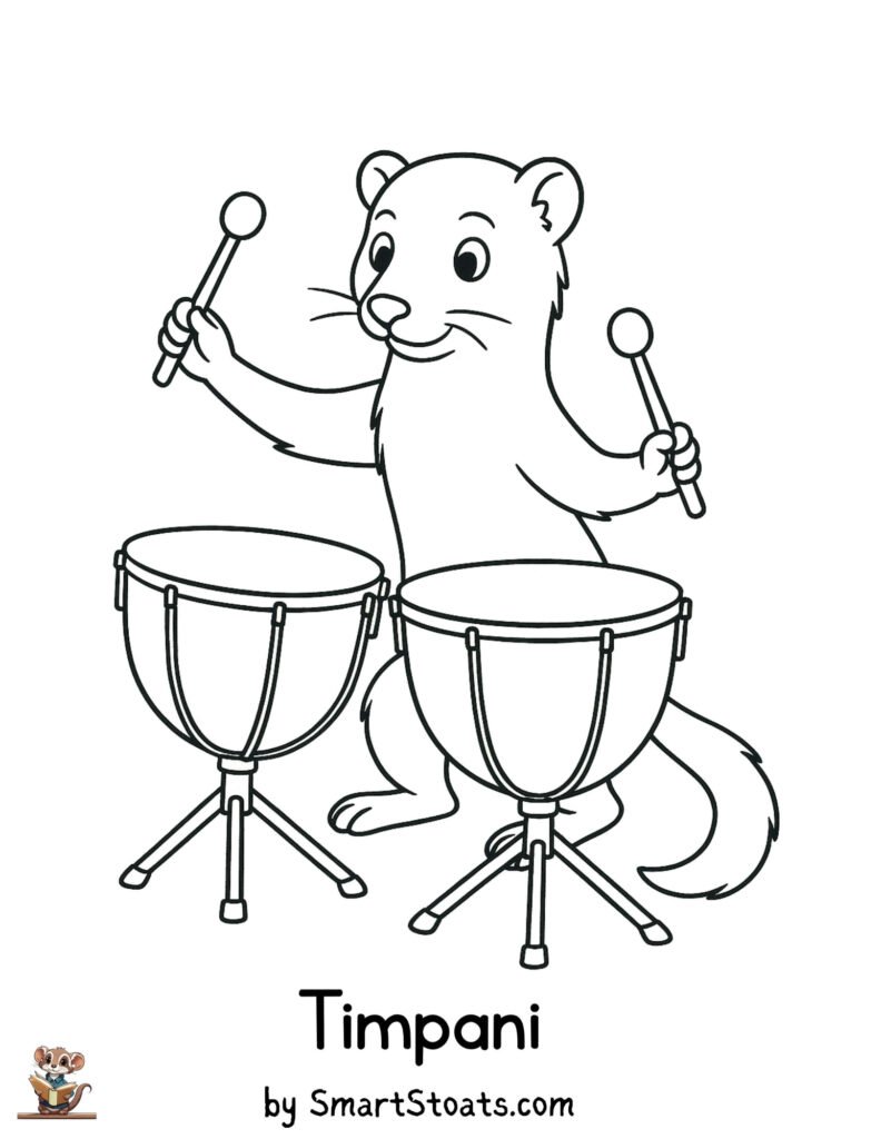 Timpani coloring page showing a cute ermine playing the timpani, designed as a printable educational activity for kids.